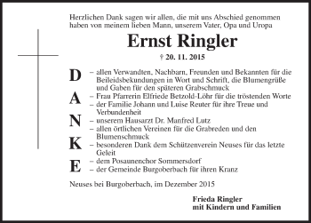 Traueranzeige von Ernst Ringler von Ansbach