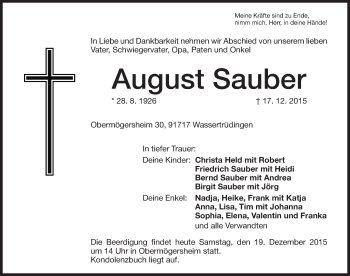 Traueranzeige von August Sauber von Dinkelsbühl/ Feuchtwangen