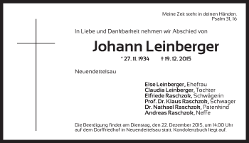 Traueranzeige von Johann Leinberger von Ansbach