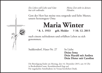 Traueranzeige von Maria Winter von Ansbach