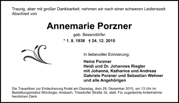 Traueranzeige von Annemarie Porzner von Ansbach