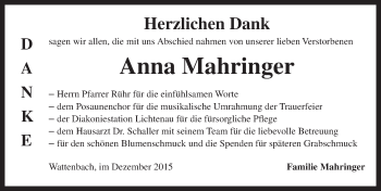 Traueranzeige von Anna Mahringer von Ansbach