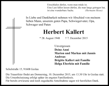 Traueranzeige von Herbert Kallert von Rothenburg