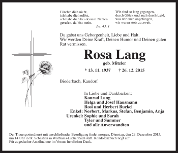 Traueranzeige von Rosa Lang von Dinkelsbühl/ Feuchtwangen