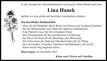 Traueranzeige von Lina Hanek von Rothenburg