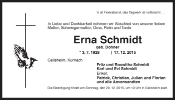 Traueranzeige von Erna Schmidt von Dinkelsbühl/ Feuchtwangen