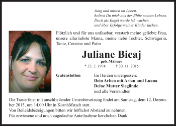 Traueranzeige von Juliane Bicaj von Neustadt/ Scheinfeld/ Uffenheim