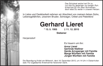 Traueranzeige von Gerhard Lieret von Ansbach