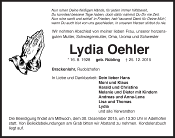 Traueranzeige von Lydia Oehler von Neustadt/ Scheinfeld/ Uffenheim