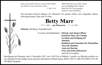 Traueranzeige von Betty Marr von Neustadt/ Scheinfeld/ Uffenheim