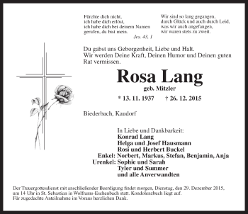 Traueranzeige von Rosa Lang von Ansbach