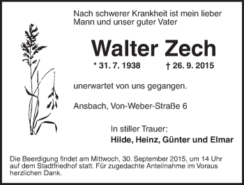 Traueranzeige von Walter Zech von Ansbach