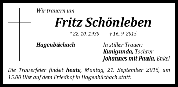 Traueranzeige von Fritz Schönleben von Neustadt/ Scheinfeld/ Uffenheim