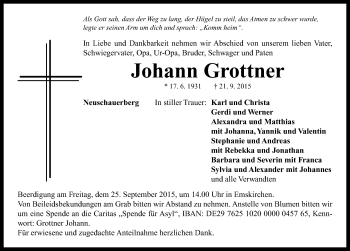 Traueranzeige von Johann Grottner von Neustadt/ Scheinfeld/ Uffenheim