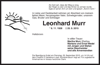 Traueranzeige von Leonhard Murr von Ansbach