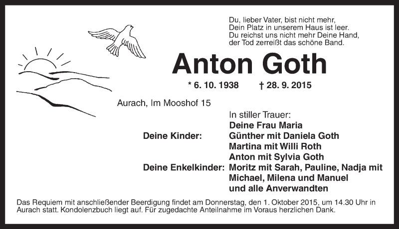  Traueranzeige für Anton Goth vom 30.09.2015 aus Ansbach