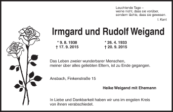 Traueranzeige von Irmgard und Rudolf  Weigand von Ansbach