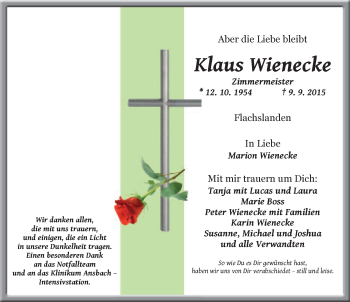 Traueranzeige von Klaus Wienecke von Ansbach