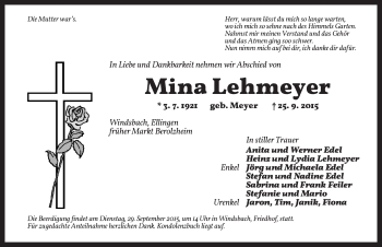Traueranzeige von Mina Lehmeyer von Ansbach