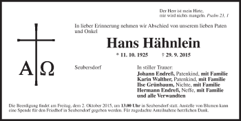 Traueranzeige von Hans Hähnlein von Ansbach