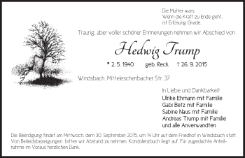 Traueranzeige von Hedwig Trump von Ansbach