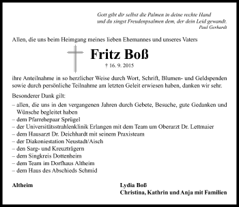 Traueranzeige von Fritz Boß von Neustadt/ Scheinfeld/ Uffenheim