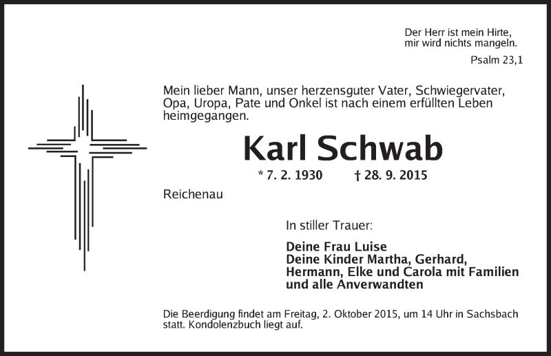  Traueranzeige für Karl Schwab vom 30.09.2015 aus Ansbach