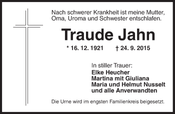 Traueranzeige von Traude Jahn von Ansbach
