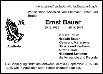 Traueranzeige von Ernst Bauer von Neustadt/ Scheinfeld/ Uffenheim