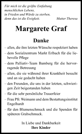 Traueranzeige von Margarete Graf von Neustadt/ Scheinfeld/ Uffenheim