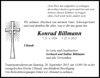 Traueranzeige von Konrad Billmann von Neustadt/ Scheinfeld/ Uffenheim