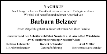 Traueranzeige von Barbara Belzner von Neustadt/ Scheinfeld/ Uffenheim