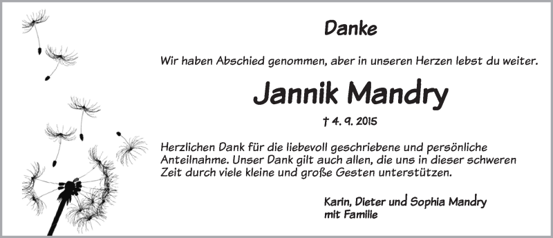  Traueranzeige für Jannik Mandry vom 26.09.2015 aus Ansbach