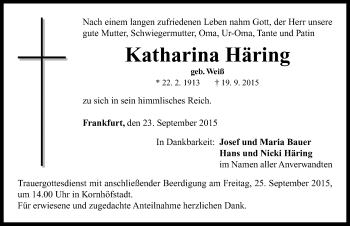 Traueranzeige von Katharina Häring von Neustadt/ Scheinfeld/ Uffenheim