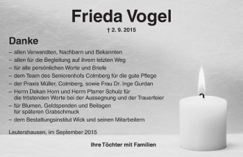 Traueranzeige von Frieda Vogel von Ansbach