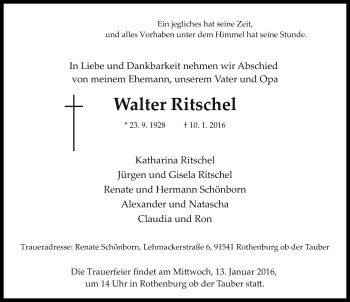 Traueranzeige von Walter Ritschel von Rothenburg