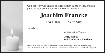 Traueranzeige von Joachim Franzke von Ansbach