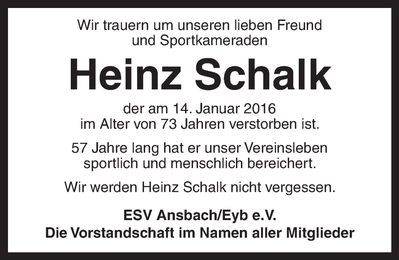  Traueranzeige für Heinz Schalk vom 19.01.2016 aus Ansbach