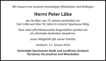 Traueranzeige von Peter Läbe von Ansbach