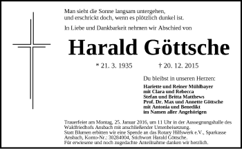 Traueranzeige von Harald Göttsche von Ansbach