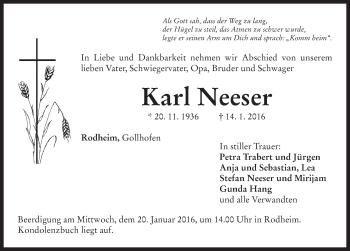 Traueranzeige von Karl Neeser von Neustadt/ Scheinfeld/ Uffenheim