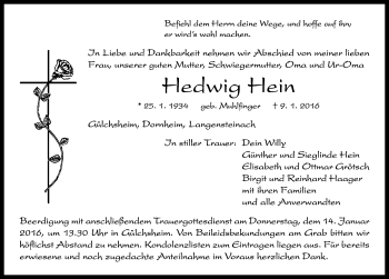 Traueranzeige von Hedwig Hein von Neustadt/ Scheinfeld/ Uffenheim