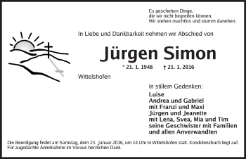 Traueranzeige von Jürgen Simon von Dinkelsbühl/ Feuchtwangen