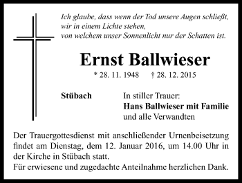 Traueranzeige von Ernst Ballwieser von Neustadt/ Scheinfeld/ Uffenheim