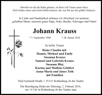 Traueranzeige von Johann Krauss von Rothenburg