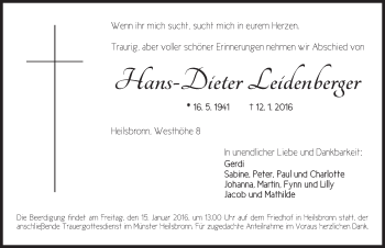 Traueranzeige von Hans-Dieter Leidenberger von Ansbach