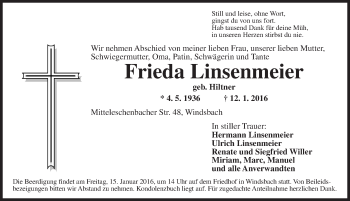 Traueranzeige von Frieda Linsenmeier von Ansbach