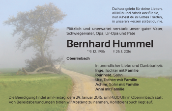 Traueranzeige von Bernhard Hummel von Neustadt/ Scheinfeld/ Uffenheim