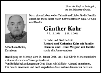 Traueranzeige von Günther Kohr von Rothenburg