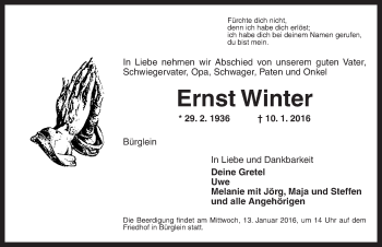 Traueranzeige von Ernst Winter von Ansbach